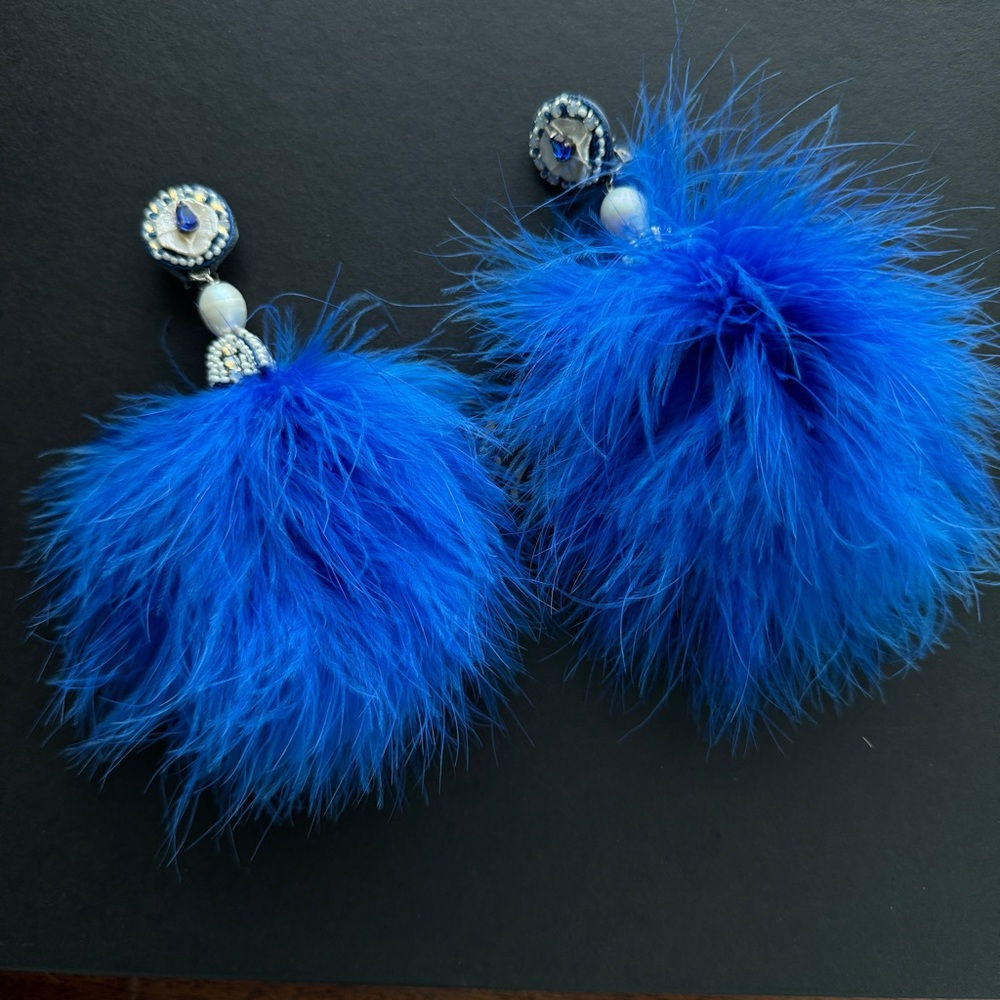 Ranjana Khan cobalt pom marabou feather earrings - Picture 6 of 12